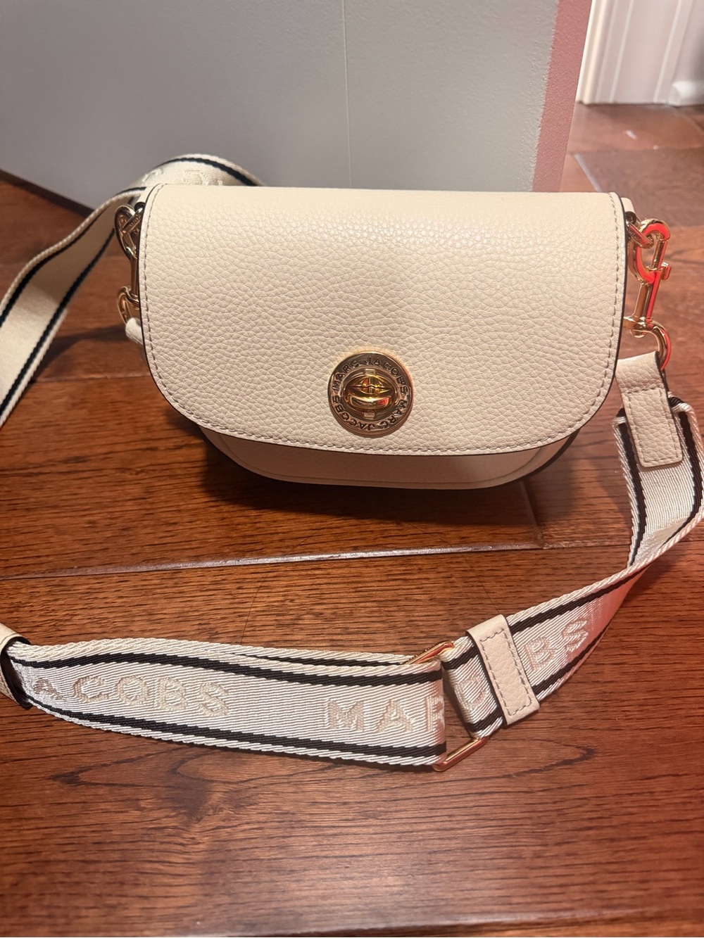 Marc Jacobs Cream Pebbled Leather Crossbody with Branded Strap